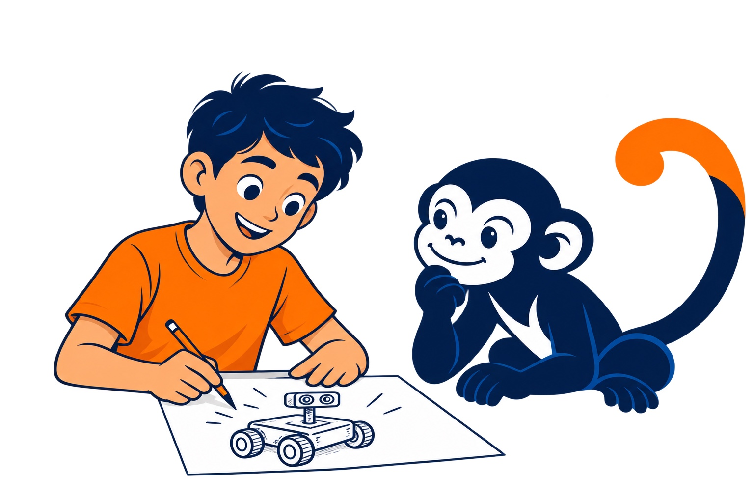 Un alumno dibuja su idea de robot acompañado por la mascota de BlueMonkey