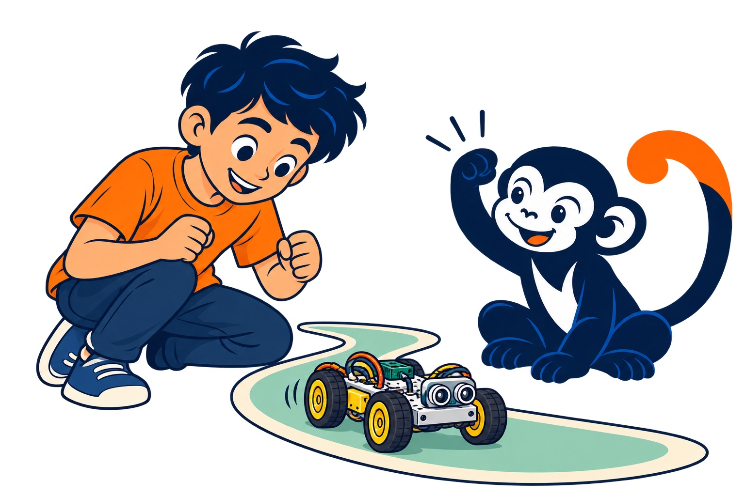 El alumno y la mascota observan cómo funciona el robot